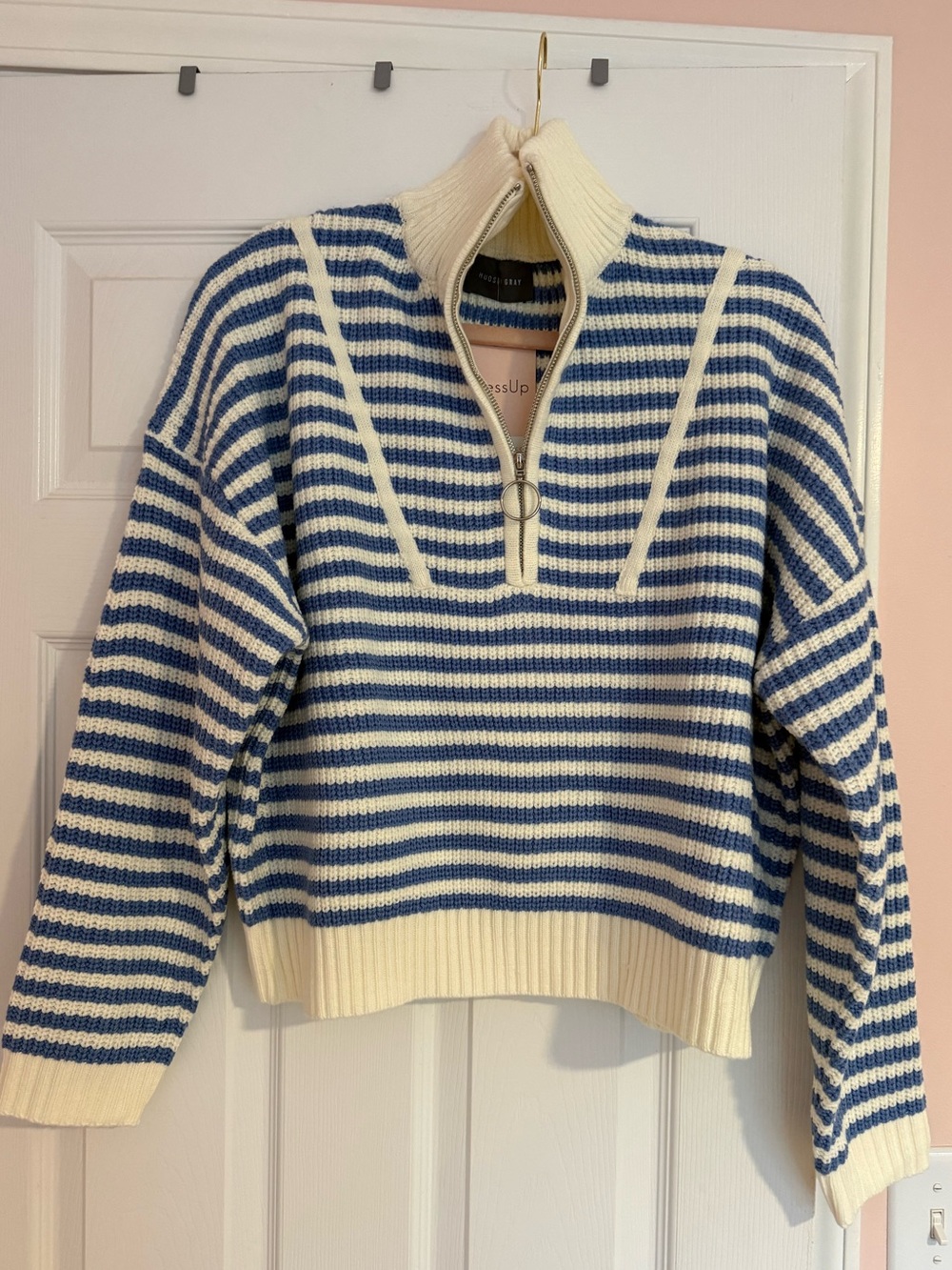 Striped Half-Zip Sweater in Blue and Cream